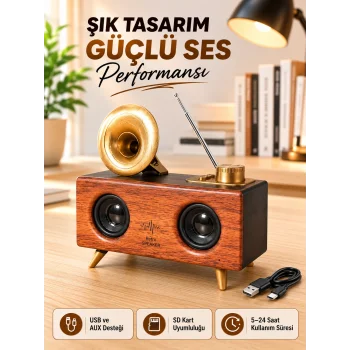 Retro Gramofon Tasarımlı Bluetooth Hoparlör – 3D Stereo Ses, 1800 mAh Batarya