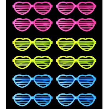 Retro Neon Fosforlu Kalp Panjur Gözlük 12 Adet – 80’ler 90’lar Parti Stili (5047)
