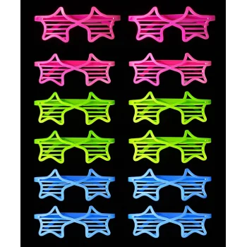 Retro Neon Fosforlu Yıldız Panjur Gözlük 12 Adet – 80’ler 90’lar Parti Stili