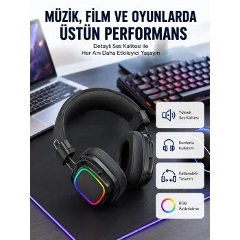 RGB Işıklı Katlanabilir Bluetooth 5.3 Kulak Üstü Kulaklık