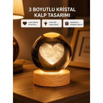 Romantik Kalpli Kristal Cam Küre USB’li Işıklı Dekoratif Obje