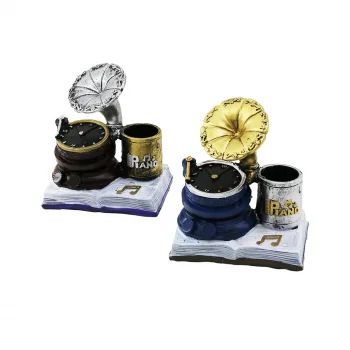 SAAT - GRAMAFON VİNTAGE DEKORATİF BİBLO - RENKLİ KALEMLİK 13X12X8.5CM REÇİNE (5047)