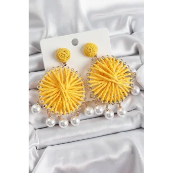 Sarı Hasır Örgü Sarmal Model Sallantılı İnci Detaylı Gold Renk Kadın Küpe