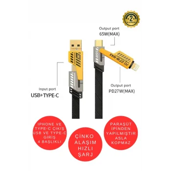 Şarj Kablosu 27w Ve 65w Hızlı Şarj Type-c Iphone Hepsi İle Uyumlu Paraşüt İpinden Kopmaz Kablo