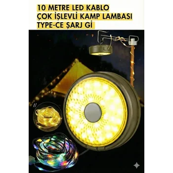 Şarjlı 10 Metre Ledli Şarj Göstergeli 8 Işık Modlu Hareketli Ve Flaşör Modlu Kamp Lambası Led Işık