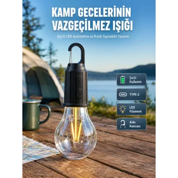Şarjlı Aydınlatma Ampul Tasarımlı Ambians Işık Askılı Kamp Lambası