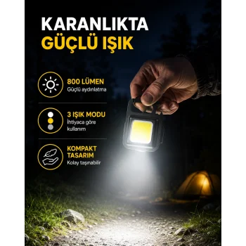 Şarjlı COB LED Anahtarlık Fener – 4 Modlu, Manyetik ve Katlanabilir Standlı Yeni Nesil