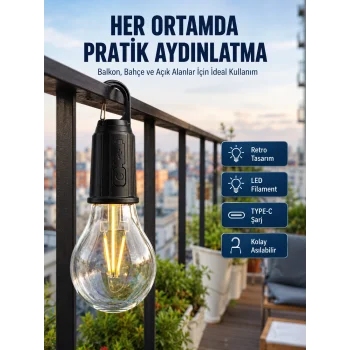 Şarjlı Dekoratif Kamp Lambası Askılı Ampul Led Işık Type-C Girişli
