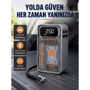Şarjlı Kablosuz Hava Pompası – 150 PSI Basınç, LED Ekran ve 6000mAh Batarya