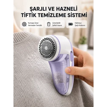 Şarjlı Tiftik Temizleyici – Çıkarılabilir Hazneli, Anti-Statik Fırçalı, USB Şarjlı