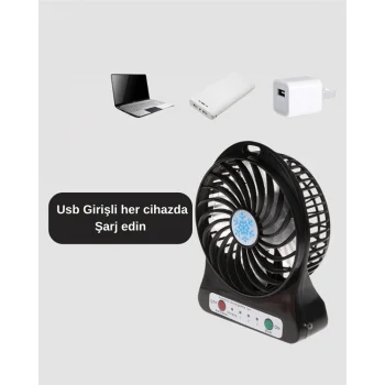 Şarjlı USB Fan – Masaüstü Mini Vantilatör, Taşınabilir, Işıklı, 3 Kademeli, Sessiz