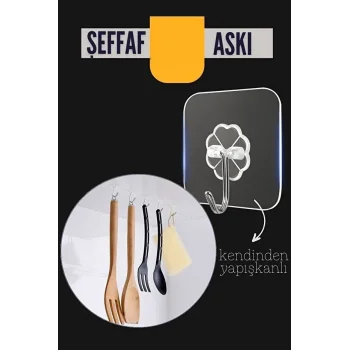 Şeffaf Yapışkanlı Askı, Mutfak Banyo Duvar Askısı, Çivisiz Pratik Kanca Seti