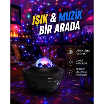 Sesle Etkileşimli Yıldız Projektörlü Gece Lambası – Bluetooth Hoparlörlü, USB Girişli, Dönen Okyanus
