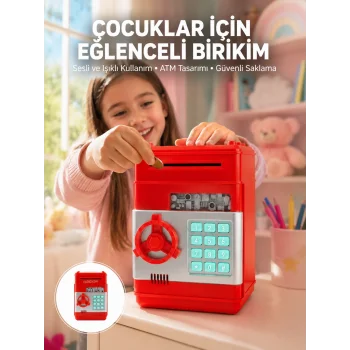 Şifreli Kırmızı ATM Tasarımlı Çelik Kasa Görünümlü Kumbara