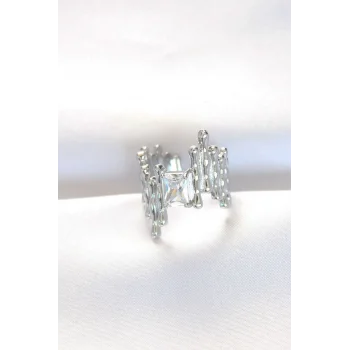 Silver Renk Tırtıklı Kalın Baget Taş Tasarım Ayarlanabilir Yüzük