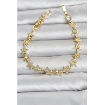 Sıralı Yıldız Model Zirkon Taşlı Gold Renk Pirinç Kadın Bileklik