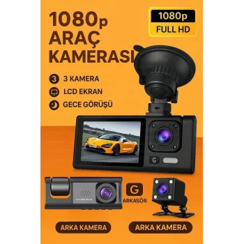 Siyah 1080p Araç İçi 3 Kameralı Lcd Ekranlı Gece Görüşlü , G-sensör , Geri Görüş Kamera