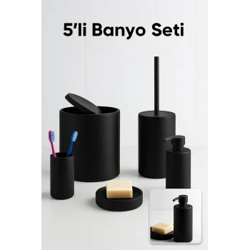Siyah 5’li Banyo Seti – Çöp Kovası, Tuvalet Fırçası, Sabunluk Ve Aksesuarlar