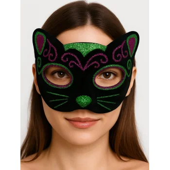 Siyah Kadife Kaplama Üzeri Pembe Yeşil Sim İşlemeli Kedi Maskesi 20x13 cm