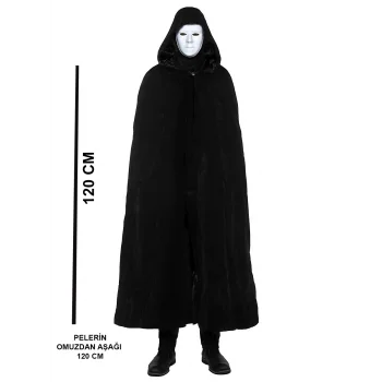 Siyah Kapüşonlu 120 cm Pelerin ve Beyaz Boyanabilir Tam Yüz Maske
