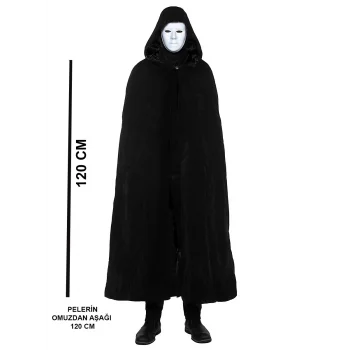 Siyah Kapüşonlu 120 cm Pelerin ve Beyaz Boyanabilir Tam Yüz Maske (5047)