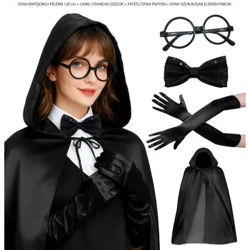Siyah Kapüşonlu Büyücü ve Cadı Pelerin Kostüm Seti (4 Parça) (5047)