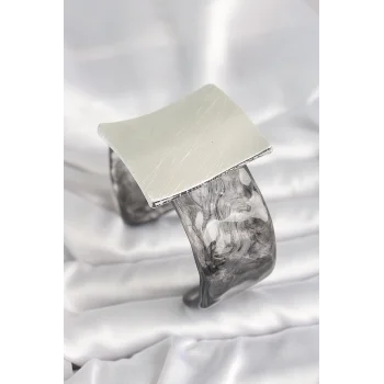 Siyah Mermer Desen Akrilik Plastik Gümüş Kare Plaka Model Vintage Kadın Bilezik