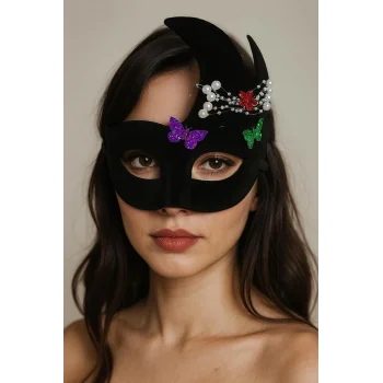 Siyah Renk İncili Taşlı Süet Kaplama Venedik Parti Maskesi 20x22 cm