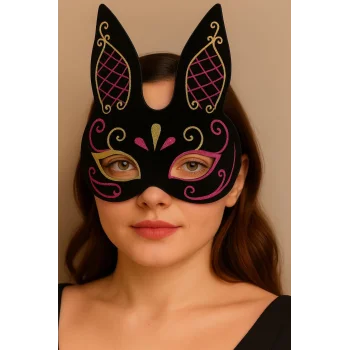 Siyah Renk Kırmızı Gold Simli Siyah Süet Kaplama Tavşan Maskesi 18x16 cm