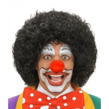 Siyah Renk Kıvırcık Afro Bonus Peruk Saç ve Kırmızı Sünger Burun Seti (5047)