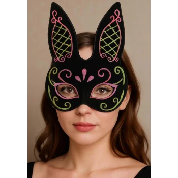 Siyah Renk Pembe Gold Simli Siyah Süet Kaplama Tavşan Maskesi 18x16 cm