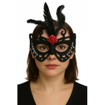 Siyah Renk Siyah Süet Kaplama Tüylü Kelebek Figür Parti Maskesi 24x18 cm