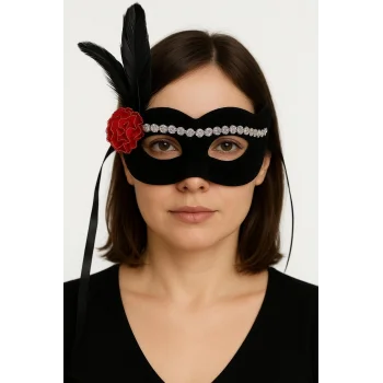Siyah Renk Süet Kaplama Gümüş Dantelli Kırmızı Gül Tasarımlı Parti Maskesi 18x20 cm