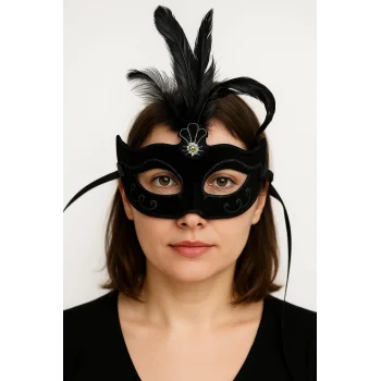 Siyah Renk Tüylü Siyah Süet Kaplama Parti Balo Maskesi 20X16 cm
