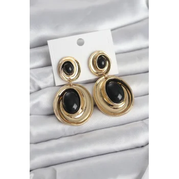 Siyah Sallantılı Damla Model Gold Renk Vintage Kadın Küpe
