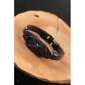 Siyah Sonsuzluklu Metal Aksesuarlı Kahverengi Deri Erkek Bileklik