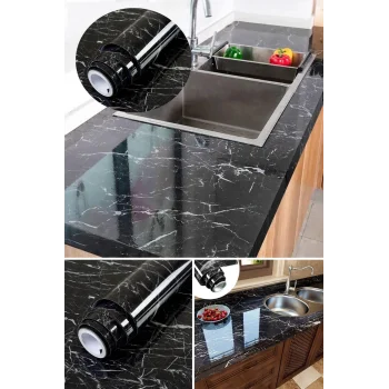 Siyah Yapışkanlı Kaplama Kağıdı Mermer Desenli Büyük Boy 5 Metre