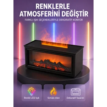 Şömine Görünümlü Hava Nemlendirici Renkli LED Işıklı Aroma Difüzörü