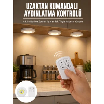 Spot Lamba Led Işık 3lü Uzaktan Kumandalı Pilli Yapışkanlı Kablosuz Yeni Nesil
