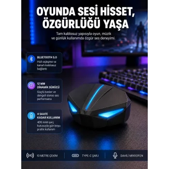 Tam Kablosuz Oyuncu Kulaklığı 5.0 Bluetooth LED Kontrollü Yeni Nesil