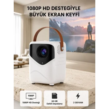 Taşınabilir Akıllı 1080P Projektör – 64GB Hafıza, 2GB RAM, Full HD Görüntü, Kumandalı Yeni Nesil