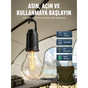 Taşınabilir Şarjlı Led Ampul Askılı Lamba Kamp Bahçe Lambası