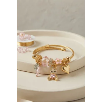 Tavşan Model Gold Renk Pembe Charmlı Bileklik