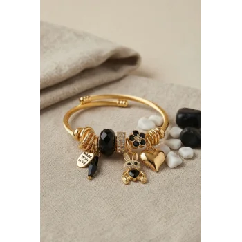 Tavşan Model Gold Renk Siyah Charmlı Bileklik