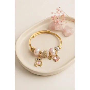 Tedy Bear Model Gold Renk Pembe Charmlı Bileklik