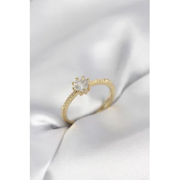 Tek Taş Model Gold Renk Zirkon Taşlı Kadın Yüzük