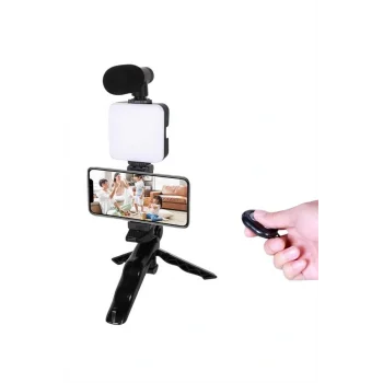 Telefon Tutucu Led Işıklı Kumandalı Mikrofon Telefon Vlog Video Kayıt