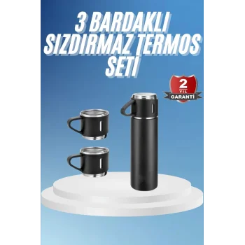 Termos Paslanmaz Çelik Termos Siyah Renk 3 Bardaklı Termos Seti