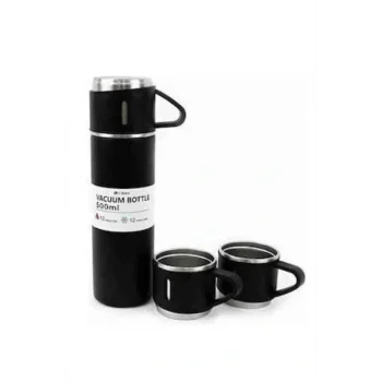 Termos Paslanmaz Çelik Termos Siyah Renk 3 Bardaklı Termos Seti