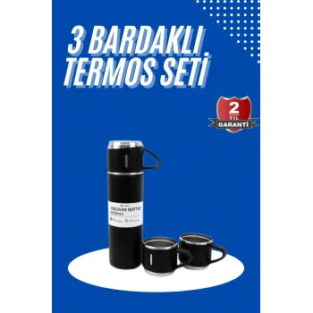Termos Seti 3lü Bardak Seti Isı Dayanıklı Siyah Paslanmaz Çelik Vakumlu